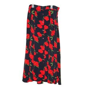 Renee Adams Maxi Long Red Floral Asymmetrical Button Down Skirt Sz L